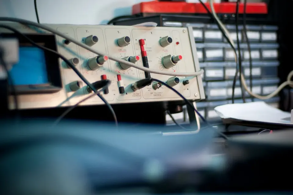 Close-up of an oscilloscope used for electronic measurement