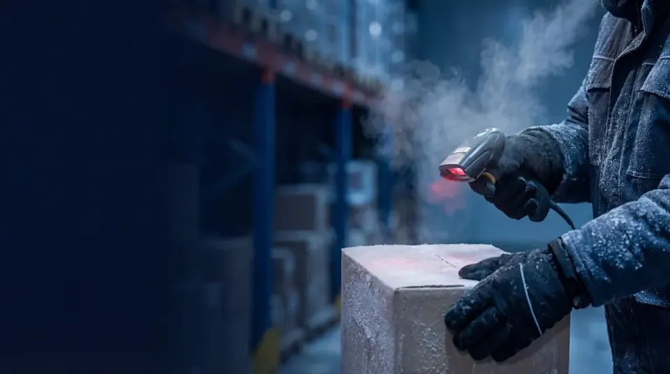 A red laser scanner reading a barcode label on a package