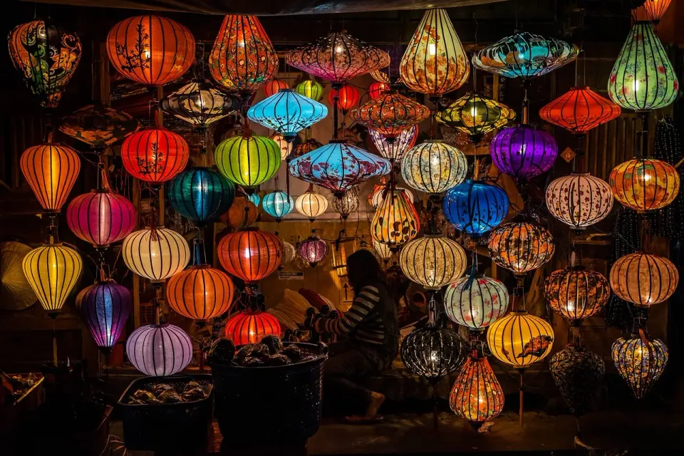 market, lamps, light, person