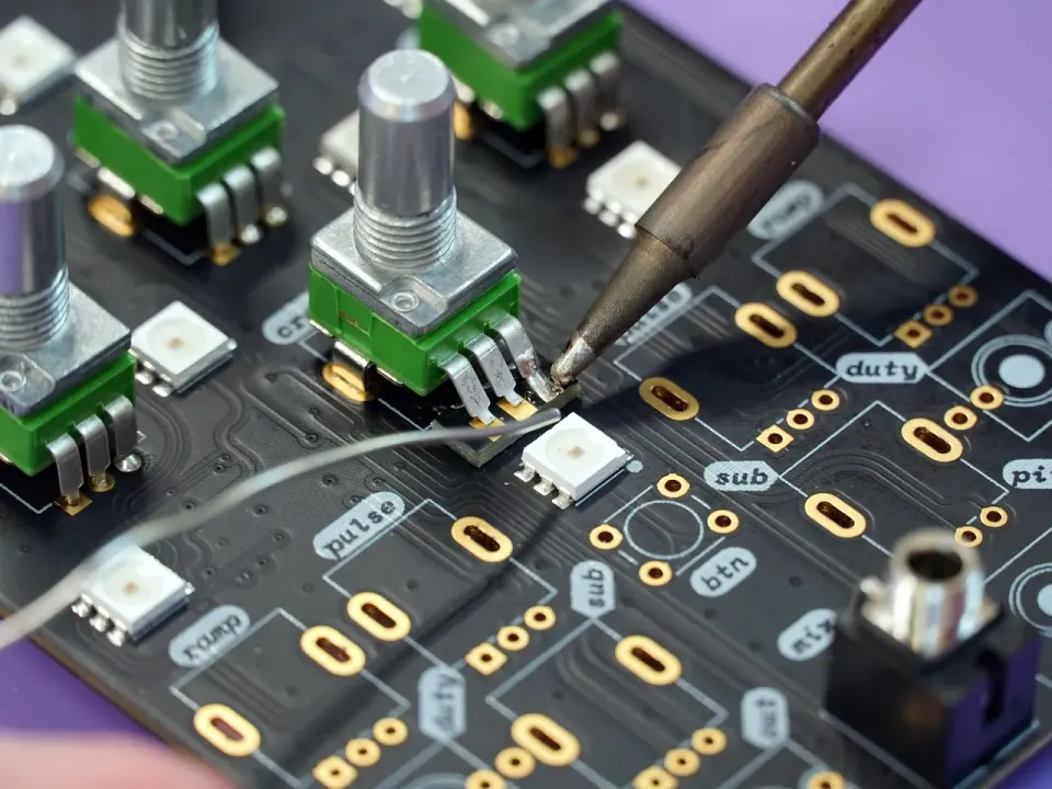 A circuit board being soldered with a soldering iron